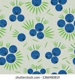 Juniper berries seamless pattern. Juniper berries with leaves on shabby background. Original simple flat illustration. Shabby style.
