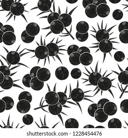 Juniper. Berry, leaves. Background, wallpaper, seamless, texture. Black silhouette on white background.