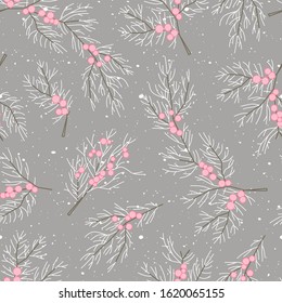 Juniper branch seamless pattern. Coniferous tree with fruits, berries and snowfall.