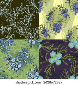 Juniper branch seamless pattern. Floral Bohemian Tile. Vector floral background. Herbal plants.