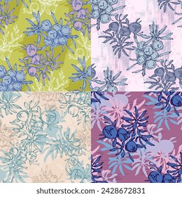 Juniper branch seamless pattern. Floral Bohemian Tile. Vector floral background. Herbal plants.