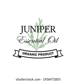 Juniper essential oil logo with hand drawn element isolated on white background. Vector illustration in vintage style