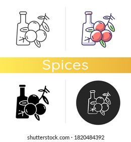 Juniper icon. Food flavoring. Cooking condiment. Herbal and traditional medicine. Seasoning berries. Aromatherapy. Linear black and RGB color styles. Isolated vector illustrations