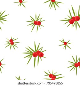 juniper with red berries seamless pattern.  branches of conifer on white background. vector floral winter illustration. New year backdrop. Green and red