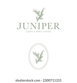 Logotipo de jabón Juniper y de crujido corporal. Diseño vectorial con elementos orgánicos de hoja natural. Tipo y marca