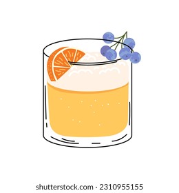 Juniper tangerine gin fizz. Summer cocktail isolated on white background. Alcoholic drink with ice cubes and citrus, orange, mandarin, juniper berries. Cocktail for menu, bar. Flat vector illustration