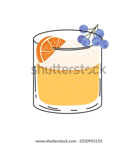 Juniper tangerine gin fizz. Summer cocktail isolated on white background. Alcoholic drink with ice cubes and citrus, orange, mandarin, juniper berries. Cocktail for menu, bar. Flat vector illustration