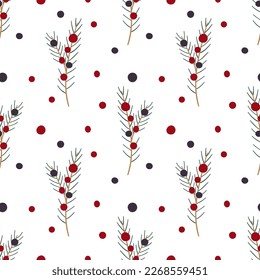 Juniper twigs with bright blue and red berries. Forest motif. Winter flora seamless pattern. 