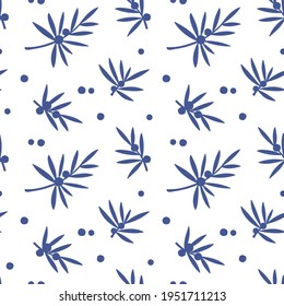 juniper twigs seamless pattern, siberian style, vector illustration