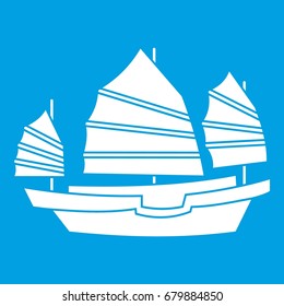 Junk boat icon white isolated on blue background vector illustration