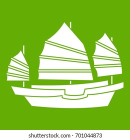 Junk boat icon white isolated on green background. Vector illustration