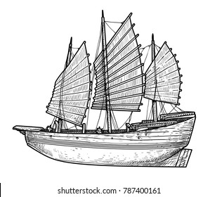 Junk boat illustration, drawing, engraving, ink, line art, vector