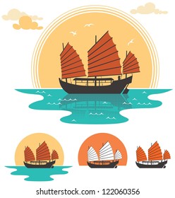 Junk Boat: Illustration of junk boat at sunset. Below are 3 additional simplified variations.  No transparency and gradients used.