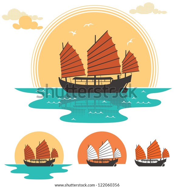 Junk Boat: Illustration of junk boat at sunset.\
Below are 3 additional simplified variations.  No transparency and\
gradients used.