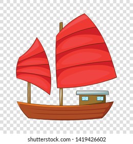 Junk boat with red sails icon. Cartoon illustration of junk boat with red sails vector icon for web design