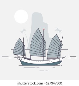 Junk boat sailing arriving to tropical island Flat vector illustration