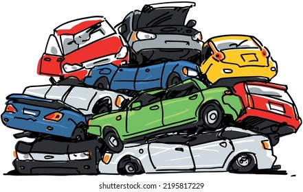 Junk cars on Junkyard. Cartoon illustration