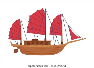 Junk as Chinese Sailing Ship with Fully Battened Sails Vector Illustration