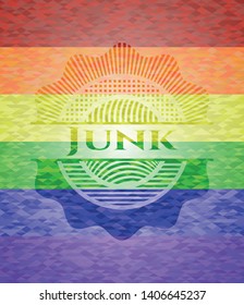 Junk emblem on mosaic background with the colors of the LGBT flag