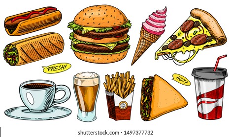 Junk Fast food, burger and hamburger, tacos and hot dog, burrito and beer, drink and ice cream. Vintage Sketch for restaurant menu. Hand drawn stickers in retro style.