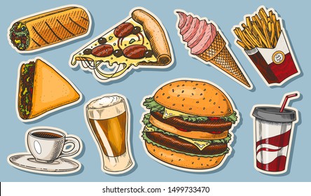 Junk Fast food, burger and hamburger, tacos and hot dog, burrito and beer, drink and ice cream. Vintage Sketch for restaurant menu. Hand drawn stickers in retro style.