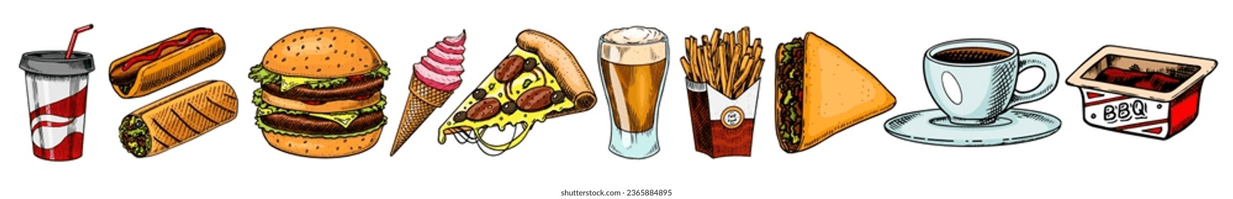 Junk Fast food, burger and hamburger, tacos and hot dog, burrito and beer, drink and ice cream. Vintage Sketch for restaurant menu. Hand drawn stickers in retro style.