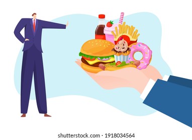Junk fast food refusal, healthy lifestyle, good habits, rejection unhealthy meal, design cartoon style vector illustration. Give up forever, danger obesity, man shows sign protest with his hand.