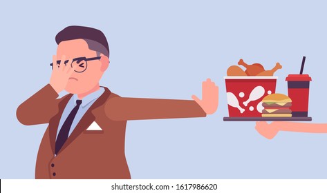 Junk fast food refusal, man restricting himself. Saying no to cheap, tempting calories, dieting to lose weight, prevent and treat diseases, diabetes or obesity. Vector flat style cartoon illustration