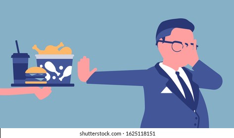 Junk fast food refusal, man restricting himself. Saying no to cheap, tempting calories, dieting to lose weight, prevent and treat diseases, diabetes or obesity. Vector illustration