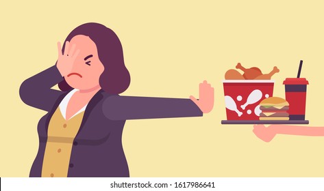 Junk fast food refusal, woman restricting herself. Saying no to cheap, tempting calories, dieting to lose weight, prevent and treat diseases, diabetes, obesity. Vector flat style cartoon illustration