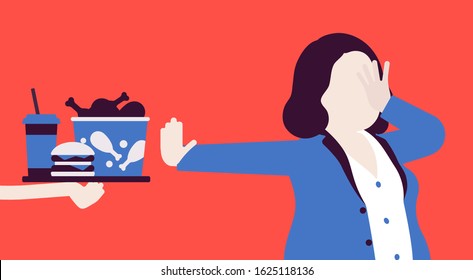 Junk fast food refusal, woman restricting herself. Saying no to cheap, tempting calories, dieting to lose weight, prevent and treat diseases, diabetes, obesity. Vector illustration