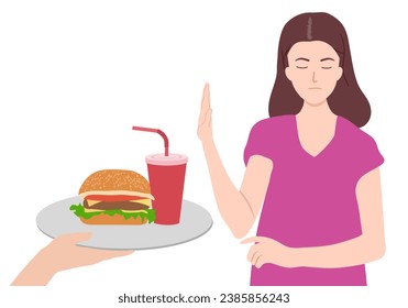 Junk fast food refusal, woman restricting herself. Saying no to cheap, tempting calories, dieting to lose weight, prevent and treat diseases, diabetes, obesity. Vector illustration