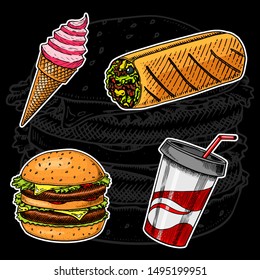 Junk Fast food, Sandwich and Ice Cream, Burger and Soft Drink on a black background. Vintage Sketch for restaurant menu. Hand drawn stickers in retro style.