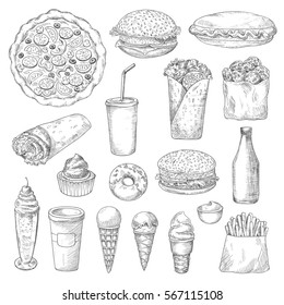 Junk or fast food sketch. Ice cream in cone waffle, pizza and hamburger, cheeseburger, pizza and french fries, donut or doughnut, sauce, ketchup, cupcake, soda. Restaurant and nutrition theme.