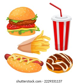 junk fast food unhealthy set cartoon. meal fat, hamburger diet, drink burger, healthy nutrition, fastfood bad, snack junk fast food unhealthy vector illustration