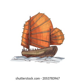 Junk floating on the sea waves. Vintage vector hatching color illustration. Isolated on white background. Hand drawn design ink