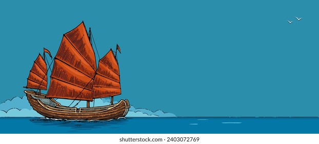 Junk floating on the sea waves. Hand drawn design element sailing ship. Vintage vector color engraving illustration for poster, label.