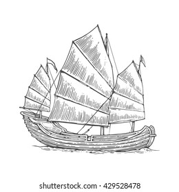 Junk floating on the sea waves. Hand drawn design element. Vintage vector engraving illustration for poster, label, postmark. Isolated on white background