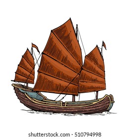 Junk floating on the sea waves. Hand drawn design element sailing ship. Vintage vector color engraving illustration for poster, label, postmark. Isolated on blue background