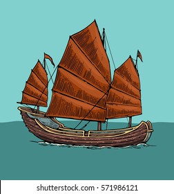 Junk floating on the sea waves. Hand drawn design element sailing ship. Vintage vector color engraving illustration for poster, label, postmark.