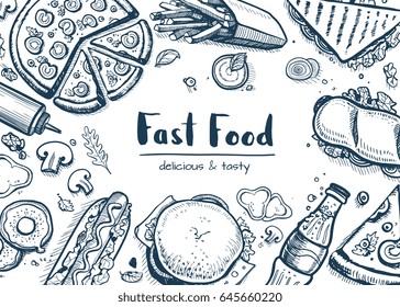 Junk food background with snack collection. Vector restaurant menu cover with hand drawn pizza, french fries, sandwich, hot dog, chicken elements. Fast food creative design with meal linear sketches.