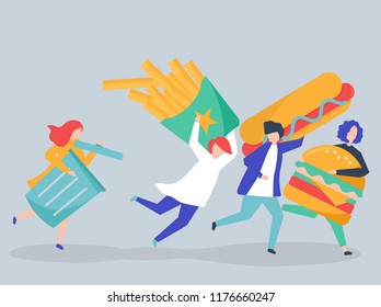 Junk food being chased by a trash can illustration