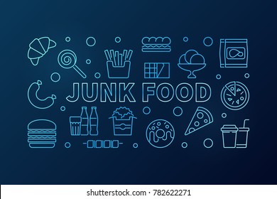 Junk food blue horizontal banner. Vector unhealthy food concept linear illustration on dark background