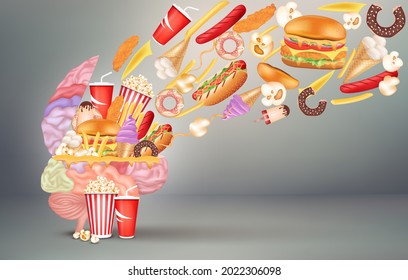 Junk food brain health and unhealthy nutrition choices. cheeseburger sugar soft drink fried chicken and cake. Health care and medical concept. 3D illustration elements. Vector EPS10