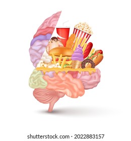 Junk food brain health and unhealthy nutrition choices. cheeseburger sugar soft drink fried chicken and cake. Health care and medical concept. 3D illustration elements. Vector EPS10