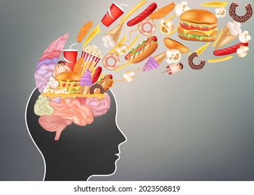 Junk food brain health and unhealthy nutrition choices. cheeseburger sugar soft drink fried chicken and cake. Health care and medical concept. 3D illustration elements. Vector EPS10