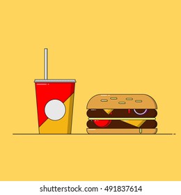 Junk food burger and coke. Flat design vector illustration.