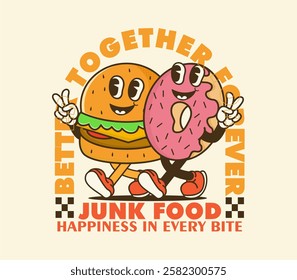 junk food burger and donut mascot retro character design can be used as t shirt, sticker, poster, print design, apparel design. groovy vector illustration