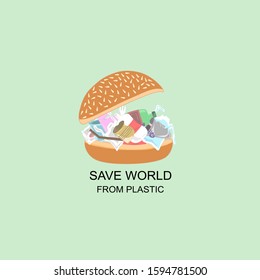 Junk food, Burger with plastic, Save world from plastic, Say no to plastic, Disposable plastic as a danger for ecology and human health concept.