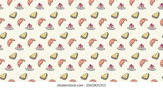 Junk food cake bakery sandwich seamless pattern beige background. Vector illustration design